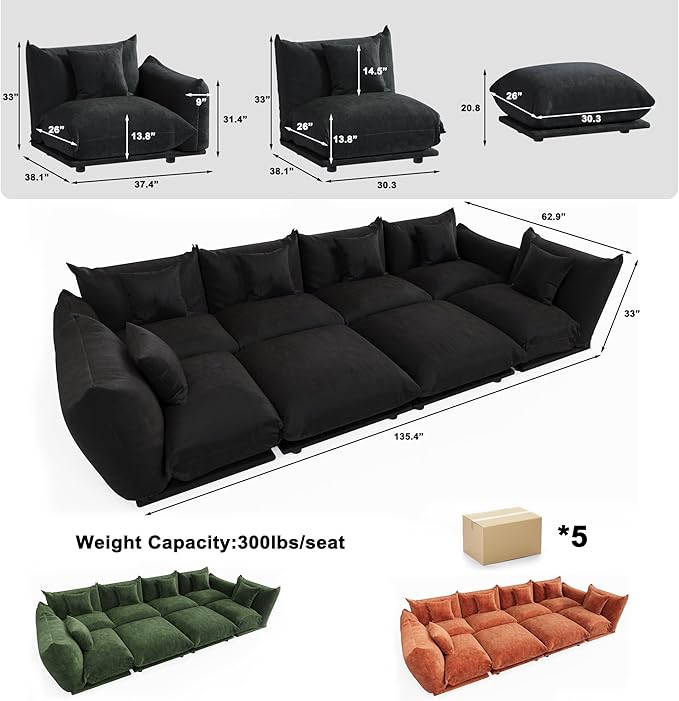 Modern Minimalist Chenille Modular Sectional Sofa, Oversized 8-Seater Sleeper Sofa with Movable Ottoman, Thick Cushions, Upholstered Couch for Living Room, Bedroom, Office, Apartment(Black,8-Seater)