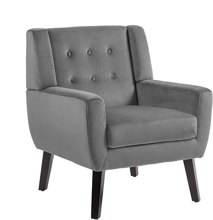 UIXE Accent Chair, Velvet Upholstered Armchair for Living Room, Modern Club Arm Chairs Comfy Single Sofa Button Tufted Bedroom Reading Seat - Gray, Set of 1