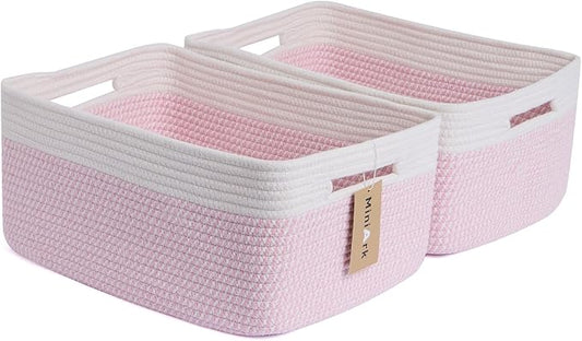 Large Storage Baskets for Shelves, Closet Organizers Bins for Clothes Blanket Towels, Baby Nursery, Toy Baskets Box, Woven Rope Baskets, 17 x 13 x 7.5”, 2 Packs Woven Pink