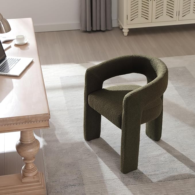 Green Sherpa Dining Chairs Set of 6, Modern Barrel Dining Room Chairs Upholstered Faux Fur Accent Chair with Arms and Round Back for Living Room Kitchen Armchair No Assembly Needed