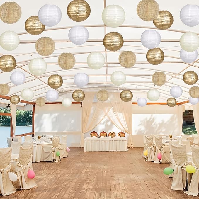 Paper Lanterns Gold White Round Hanging Chinese Lanterns for Wedding Birthday Party Boho Baby Shower Decorations Pack of 12