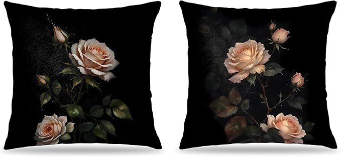 William Morris Inspired-Dark Rose Floral Pillow Covers 18x18 Set of 2, Dark Cottagecore Decor, Vintage Moody Rustic Rose Flower Botanical Decorative Pillow Covers for Home Living Room Bedroom