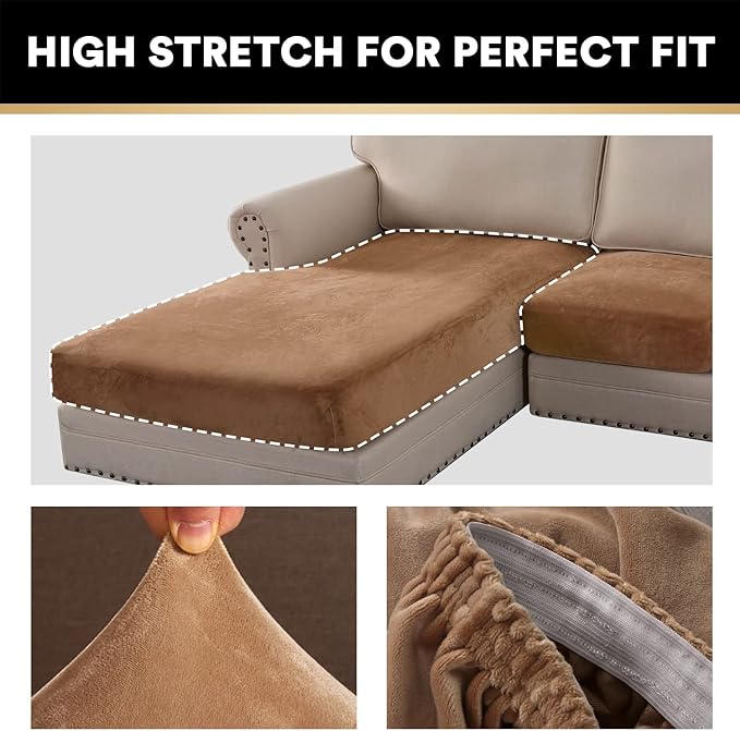 PrinceDeco Sectional Couch Covers 3 Pieces Velvet Sofa Covers L Shape Soft Couch Covers for Sectional Sofa Corner Sofa Cover Couch Cover for Dogs Washable (2 Seater + 1 Chaise,Camel)