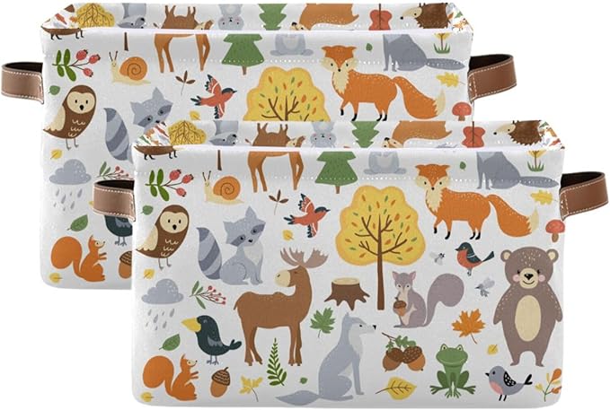 Storage Basket Bin Cute Woodland Animals Organizer Collapsible Shelf Basket Cube with Handle for Nursery Bedroom Bathroom