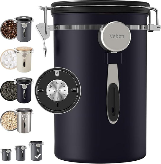 Veken Coffee Canister, 39OZ Large, Airtight Stainless Steel Food Storage Container for 2.2lbs Coffee Beans, Ground, Sugar, Tea, Flour, Rice, Cereal, Cookies Jars, Bar Accessories & Gifts, Black