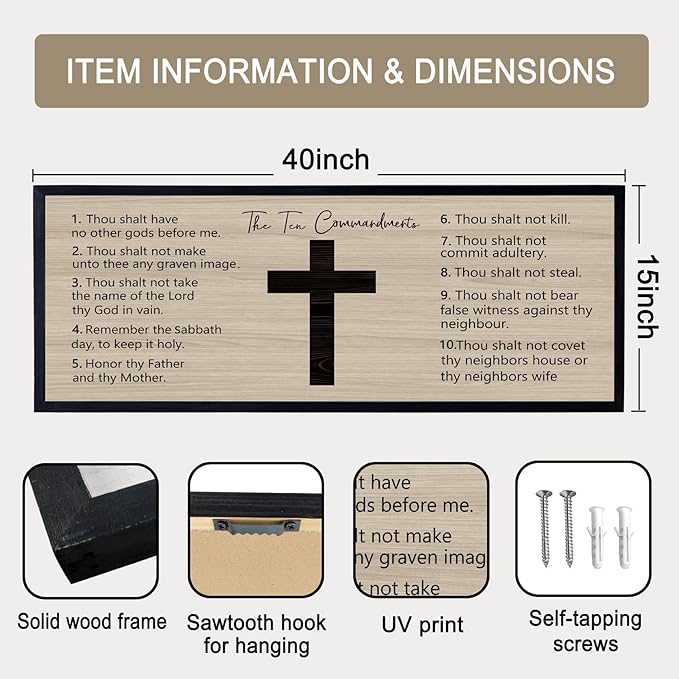 Ten Commandments Rustic Bible Verse Framed Wall Art 40" x 15" Black Religious Christian Slogan Representing God Jesus Christ Prayer Vintage Holy Inspirational Catholic Scripture Decor