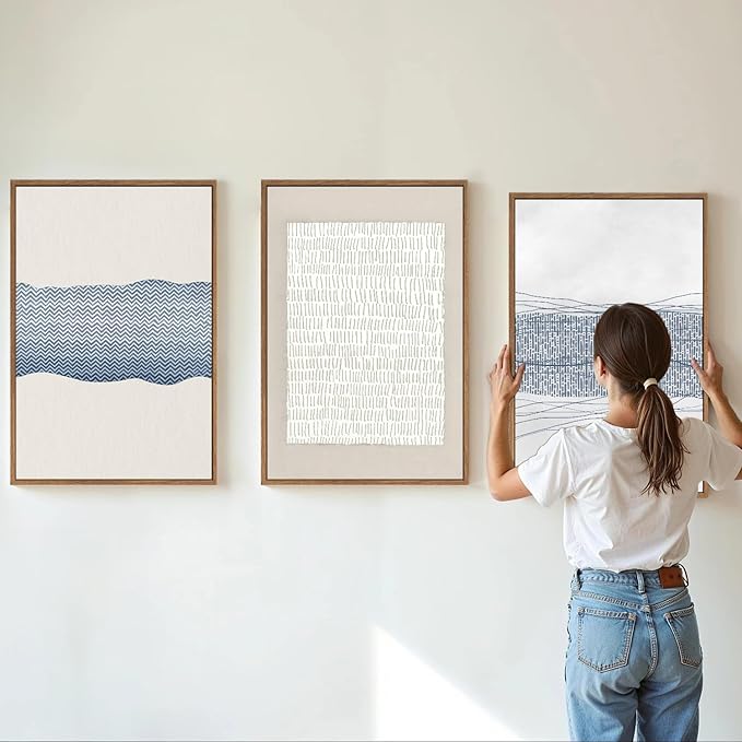 SIGNINART Large Abstract Framed Canvas Wall Art Set of 3, Minimalist Boho Line Art Prints, Modern Neutral Aesthetic Wall Decor, Blue and White Art Paintings for Living Room, Bedroom, Office 16"x24"