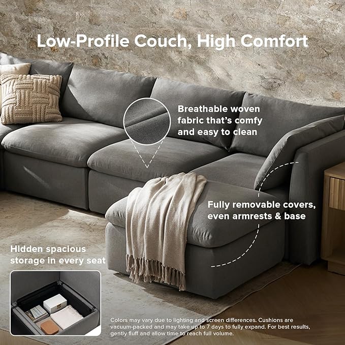 mopio Oversized Modular Sectional Sofa with Fully Removable Covers and Storage, Convertible U, L-Shaped and Sleeper Sectional, Modern Couches with Ottoman Chaise (Stone Gray Fabric, 8 Seats, Sleeper)
