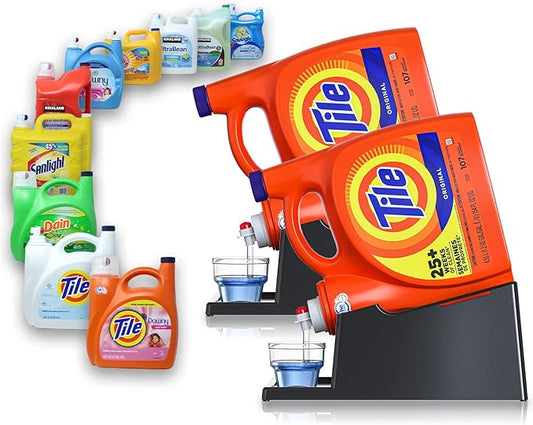 TidyFriend 2 Pack Liquid Laundry Detergent Holder Stand with Drip Tray & Rubber-Grip Feet, Stand for Laundry Room Organization and Storage, Fabric Softener Dispenser with Cup Holder (Black)