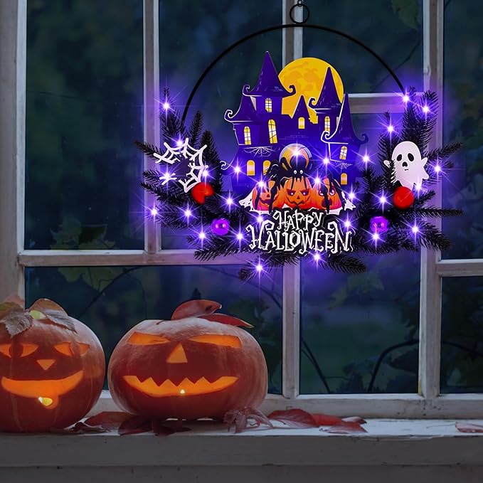 Lighted Halloween Wreaths for Front Door, Welcome Metal Wooden Door Wreath Decor Hanging Sign, 30 LED Lighted Wall Decor Battery Operated for Halloween Indoor Outdoor (Spider)
