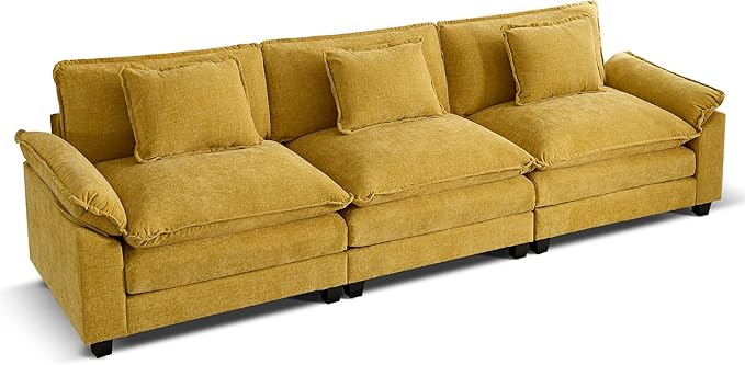 URRED Modular Sectional Sofa Comfy Cloud Couch, Modern Chenille Sofa Sleeper Deep Seat Couches with Ottoman/Pillows for Living Room (Yellow, 117'')