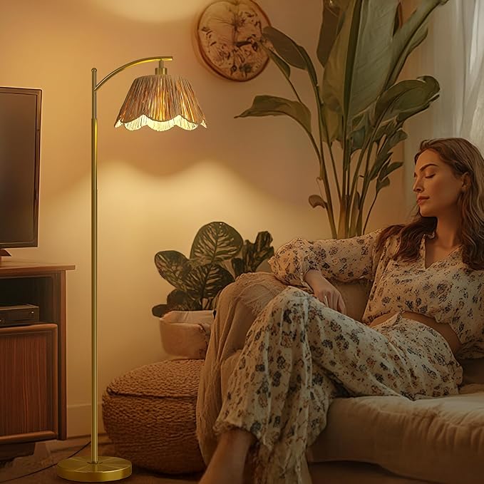 Oneach Arc Floor Lamp for Living Room,Rattan Boho Floor Lamp with Hand-Woven Wicker Shade, Foot Switch,Gold Metal Base & Pole,Farmhouse Standing Lamp for Bedroom Corner,Reading