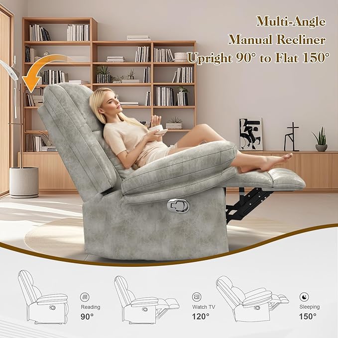 Recliner Chair for Adults, Oversized Manual Pull Tab Reclining Chair, 2-Tier Cushions, Minimalist Style Single Sofa for Living Room, RV (Polished Microfiber)