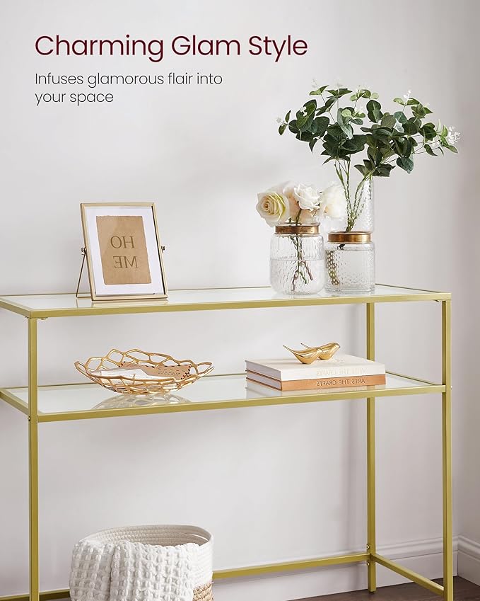 VASAGLE 39.4 Inch Console Sofa Table, Modern Entryway Table, Tempered Glass Table, Metal Frame, 2 Shelves, Adjustable Feet, for Living Room, Hallway, Gold Color ULGT025A01