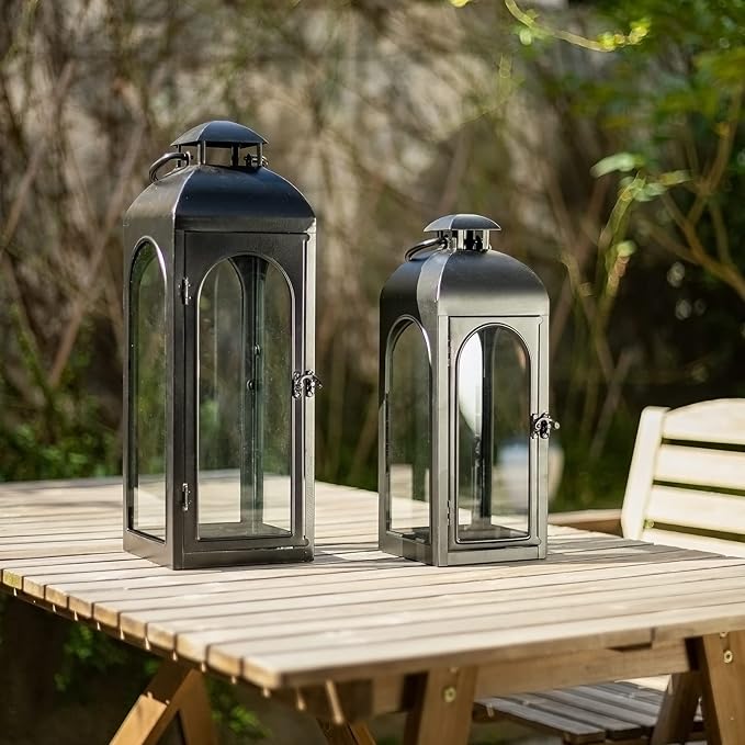 Bdor 2 Pack Luxury Black Metal Lanterns – 16" Tall Modern Hurricane Candle Lanterns with Tempered Glass Panels for Front Porch, Tabletop, Mantel, Wall Hanging, Garden, Indoor & Outdoor Décor