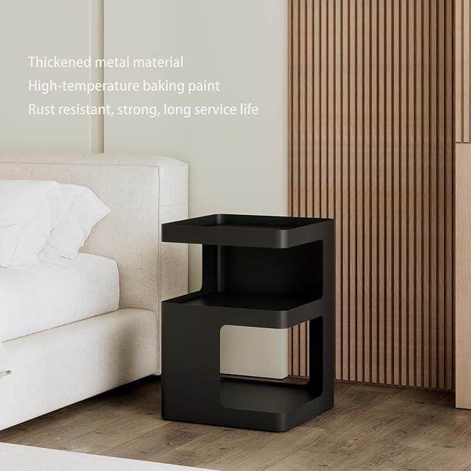 Modern Side Table,Small end Tables for Small Spaces,Black Metal nightstand,Bedside Tables,Accent Table with Storage for Couch, Bedroom,Living Room.No Assembly Required