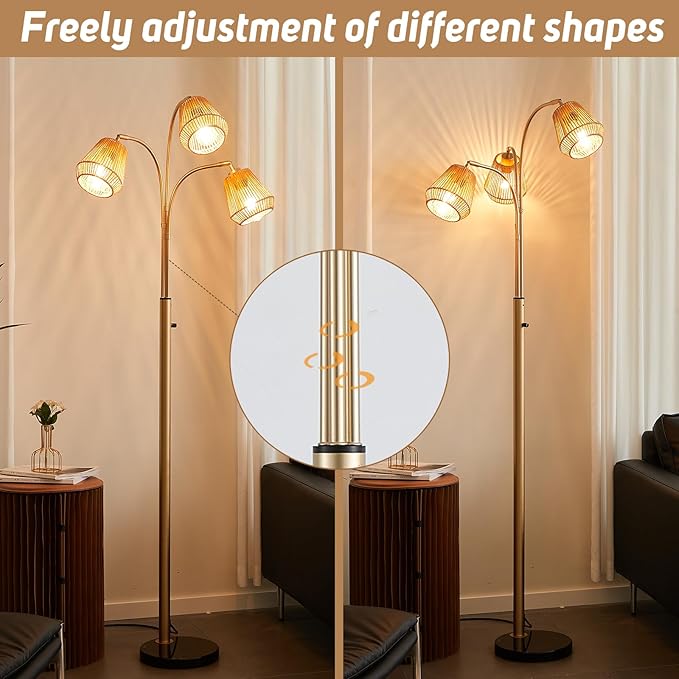 Gold Rattan Floor Lamp for Living Room, 72 Inch Tall Boho Floor Lamp with Rotary Switch, 3 Lights Arc Lamp with Wicker Shade for Coastal,Bohemian,Modern,Tree Farmhouse Standing Lamp