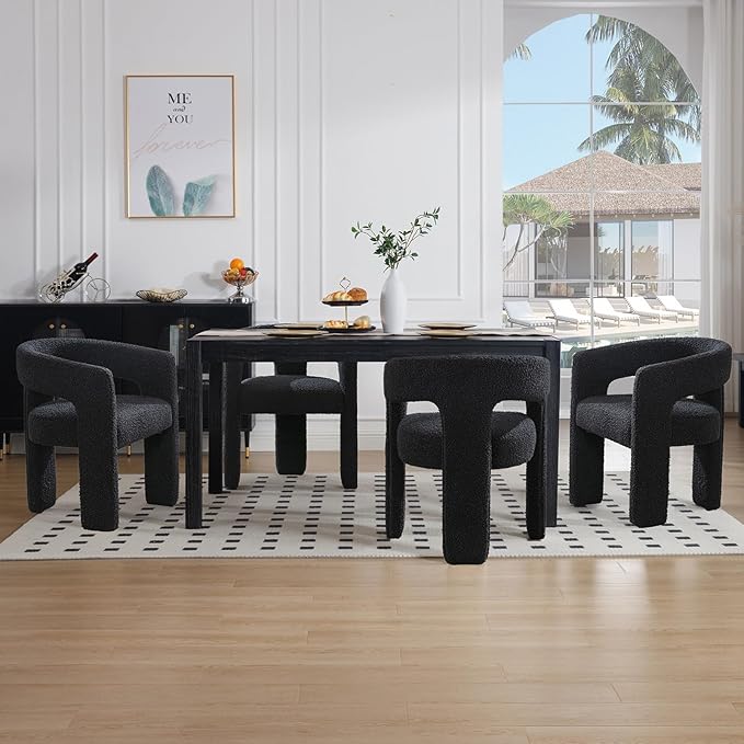 Black Sherpa Dining Chairs Set of 6, Modern Barrel Dining Room Chairs Upholstered Faux Fur Accent Chair with Arms and Round Back for Living Room Kitchen Armchair No Assembly Needed