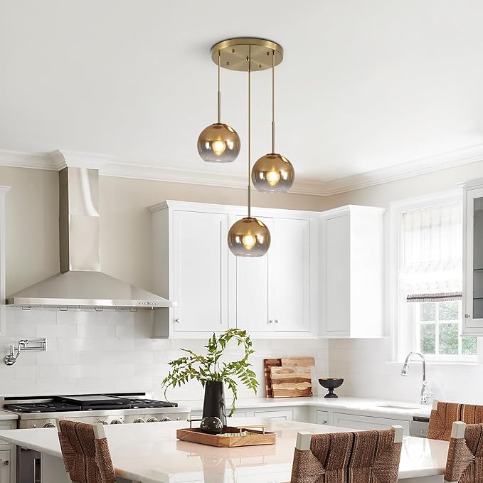 KCO Lighting 3 Light Globe Cluster Pendant Light Modern Glass Cluster Chandelier Gold Glass Pendant Light Fixture Mid Century Dining Room Chandelier Multi Pendant Light Fixture