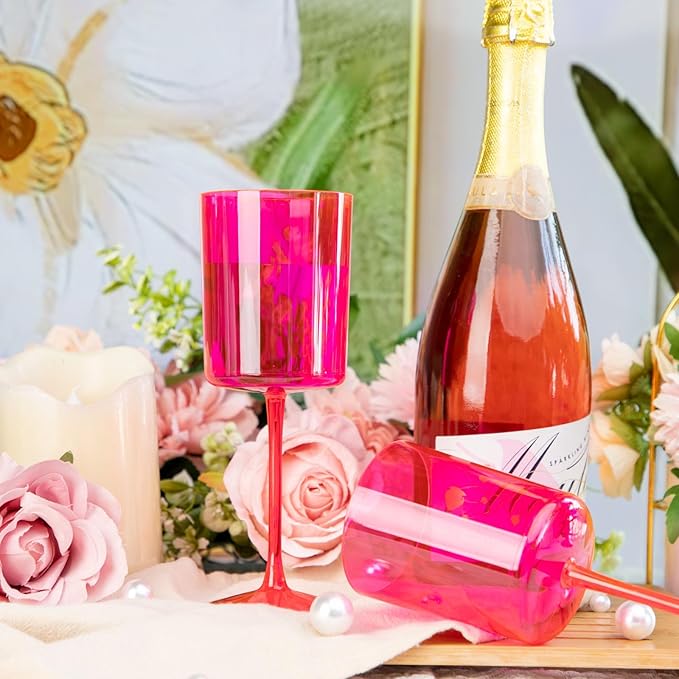 Ciaell 12 Pack Plastic Wine Glasses - 10Oz Hot Pink Plastic Wine Glasses With Stem - Disposable Stemmed Cups for Parties & Weddings