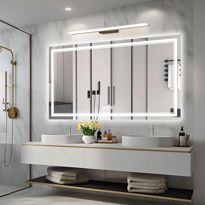55x30 Inch Led Mirror for Bathroom with Front Light and Backlit, Dimmable Anti Fog Wall Bathroom Mirror with Led Lights, Water Proof, Decor Vanity Mirror