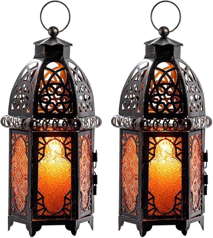 NEEDOMO Set of 2 Moroccan Lanterns Decorative Indoor & Outdoor, Hanging Candle Lantern, 11'' Vintage Candle Holder, Metal Lanterns Decorative, Table, Patio, Porch, Shelf, Gothic Home Decor (Amber)