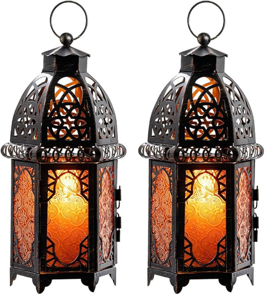NEEDOMO Set of 2 Moroccan Lanterns Decorative Indoor & Outdoor, Hanging Candle Lantern, 11'' Vintage Candle Holder, Metal Lanterns Decorative, Table, Patio, Porch, Shelf, Gothic Home Decor (Amber)