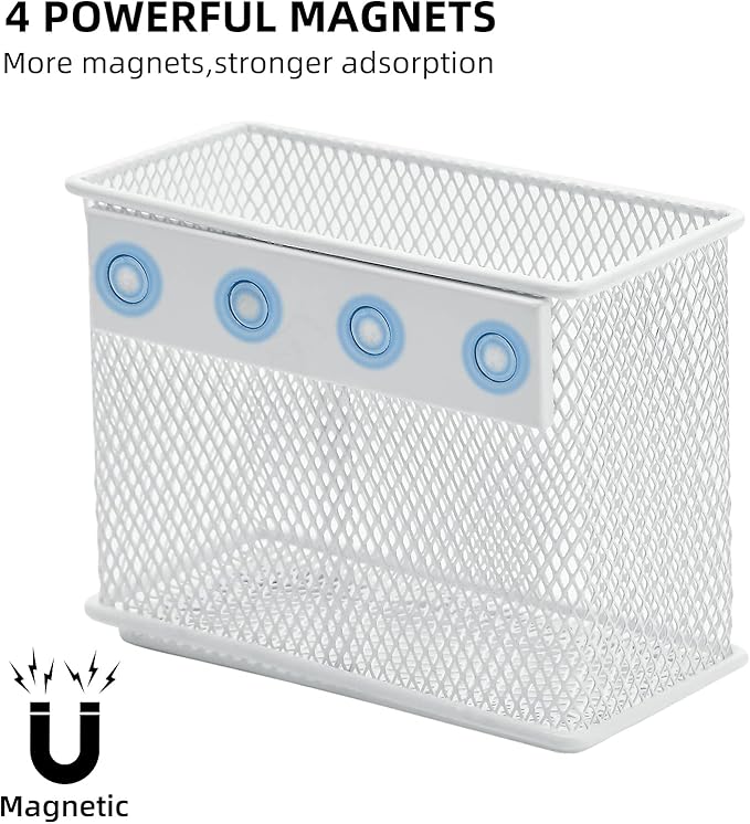 dedoot Magnetic Pencil Holder, Locker Pencil Holder Strong Magnetic Holder for Whiteboard Marker, 4.7x2.3x3.7inch Black Mesh Magnetic Holder for Fridge, Sponge, Recipe, Beverage,White