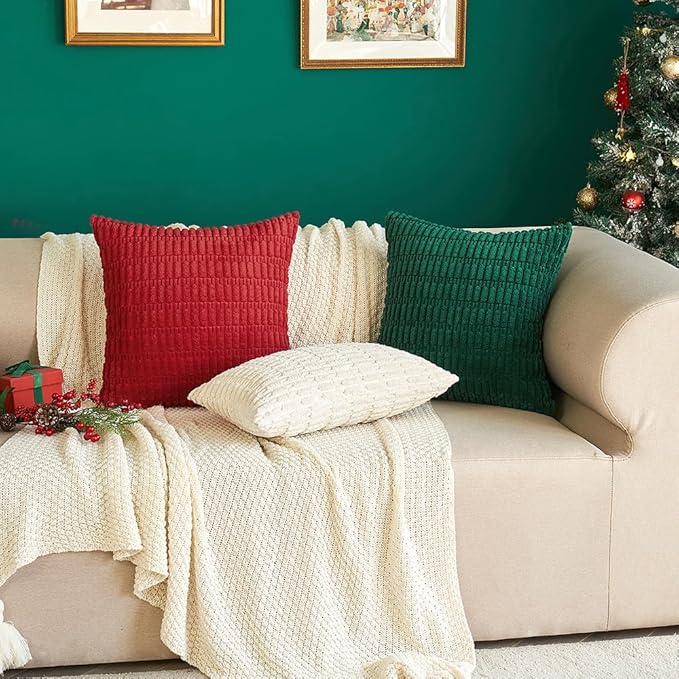 MIULEE Pack of 2 Christmas Dark Green Corduroy Decorative Pillow Covers 20x20 Inch Soft Boho Striped Throw Pillow Covers Modern Farmhouse Home Decor for Sofa Living Room Couch Bed