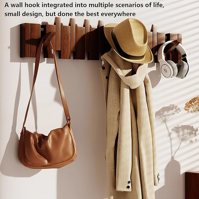 Wall Mounted Piano Key Hanger | Flip Style Hook | Entrance Wall Art Hook, Made of Oak Wood (3 Times Painted, 4 Times Polished) (Walnut, 4Hooks)