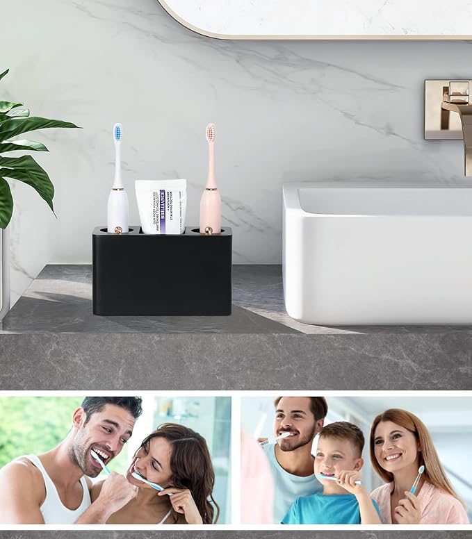 Luxspire Toothbrush Holder, 3 Slots Electric Toothbrush and Toothpaste Holder, Resin Bathroom Countertop Storage Bathroom Accessories Toothbrush Stand for Vanity Counter Organizer Caddy - Black