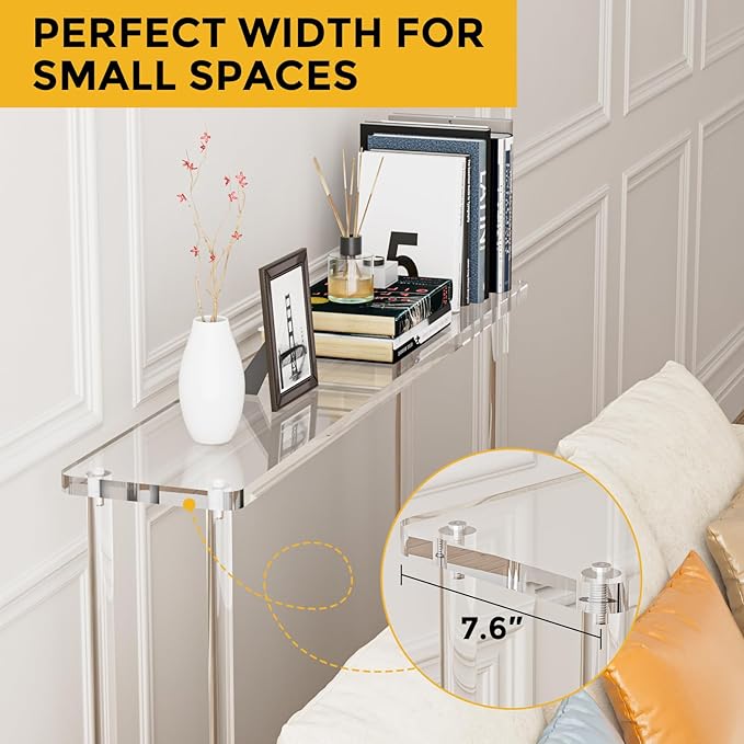 Acrylic Console Table, 2 Tier Acrylic Narrow Console Tables for Entryway,CHICUN, Square Legs, Skinny Console Table for Foyer, Sofa, Living Room,Clear