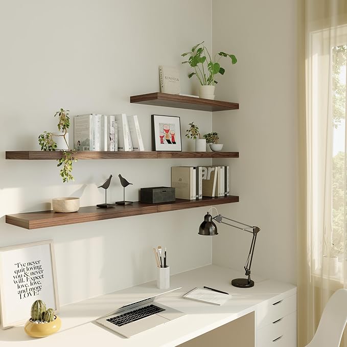 Large Floating Shelves for Wall Set of 3 Wooden Wall Shelves 24 in x 12.75 in x 2 in Room Decor Long Shelf with Invisible Wall Mount Bracket for Bedroom Kitchen Living Room Walnut