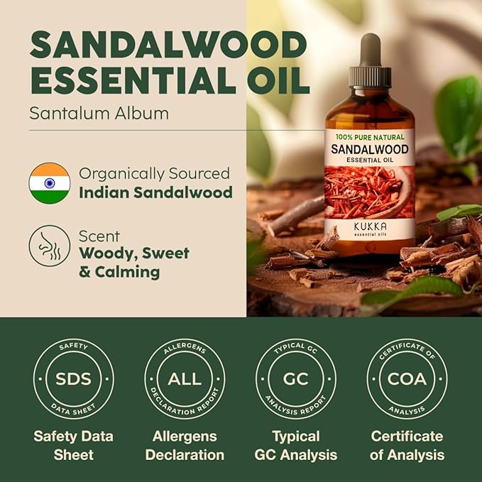 Kukka Sandalwood Essential Oil for Diffuser & Skin - 4 Fl Oz - 100% Pure Natural Sandalwood Oil, Woody Scent, for Massage, Perfume, Hair, Aromatherapy, Candle & Soap Making Scent DIY