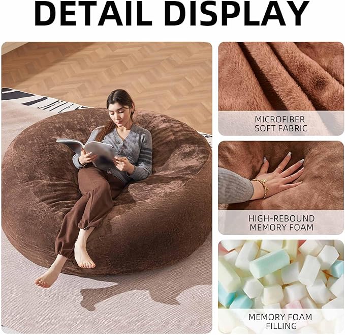 Bean Bag Chair 6Ft, Memory Foam Filled, Large Beanbag Chairs for Adults and Teens, Soft Sofa with Removable Flannel Cover, Round Couch for Living Room Bedroom College Dorm (Coffee, 6FT-67×67"×24")