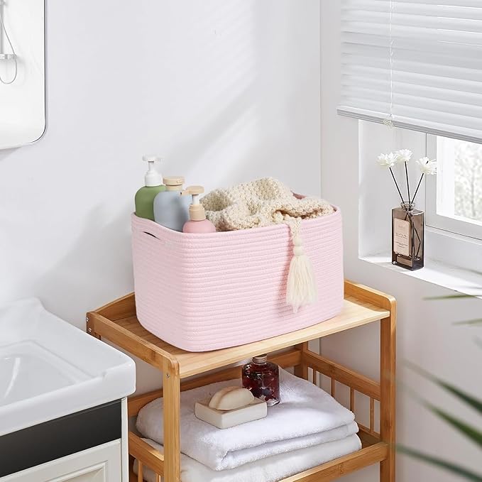 3-Pack Shelf Baskets for Organizing, Woven Storage Basket for Shelves, Cotton Rope Storage Bins for Toys Books, Nursery Towel Baskets for Classroom, 14.96"X9.8"X8.85", Pink