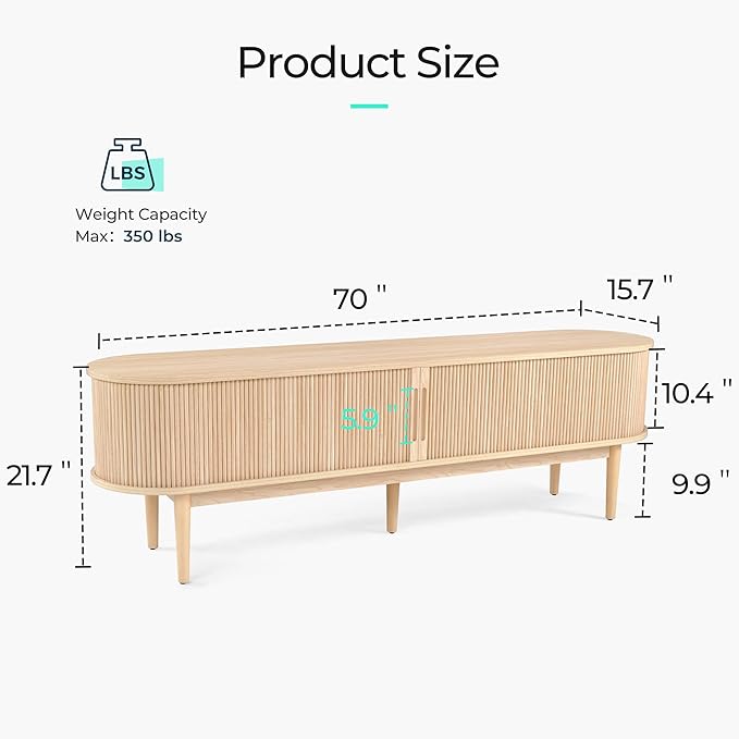 LINSY HOME Fluted TV Stand for 75" TV, Mid-Century Modern 70" Entertainment Center with Sliding Tambour Door and Storage Cabinet, Cruved TV Media Console Table for Living Room, Bedroom, Oak