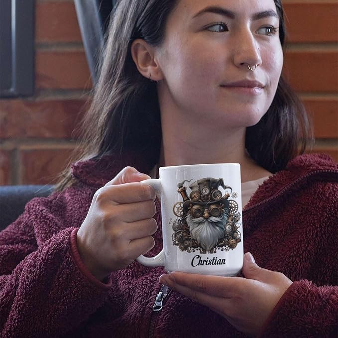 Custom Mechanical Art Mug 15oz, Personalized Steampunk Gnome Coffee Mug, Customized Name Ceramic Cup, Fantasy Enthusiasts Mug, Gnome White Mug With Steampunk Themed, Gift For Men