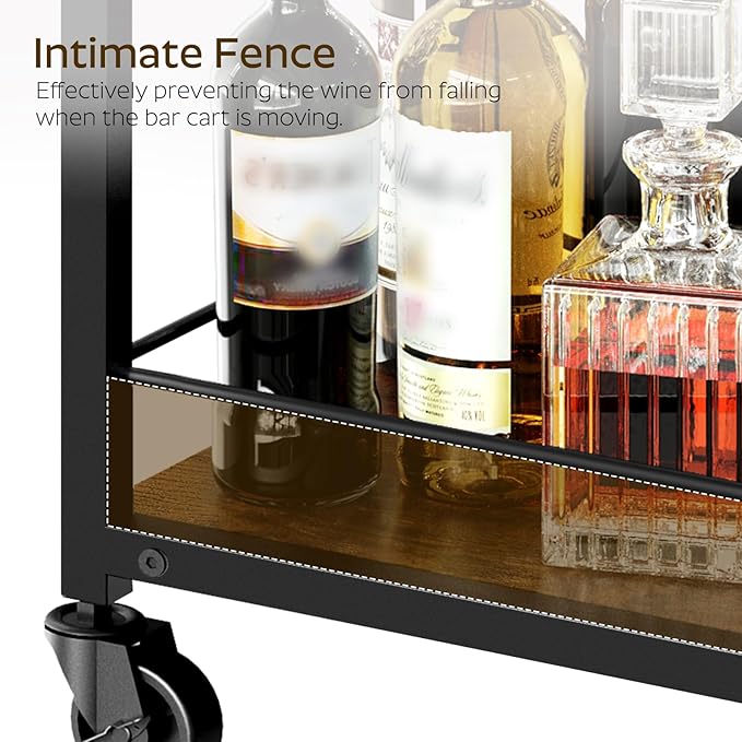 Bar Cart, 3-Tier Bar Cart for The Home, Home Bar Serving Cart with Glass Holders, Beverage Cart for Kitchen, Dining, Party Room, Rustic Brown and Black BC03BR
