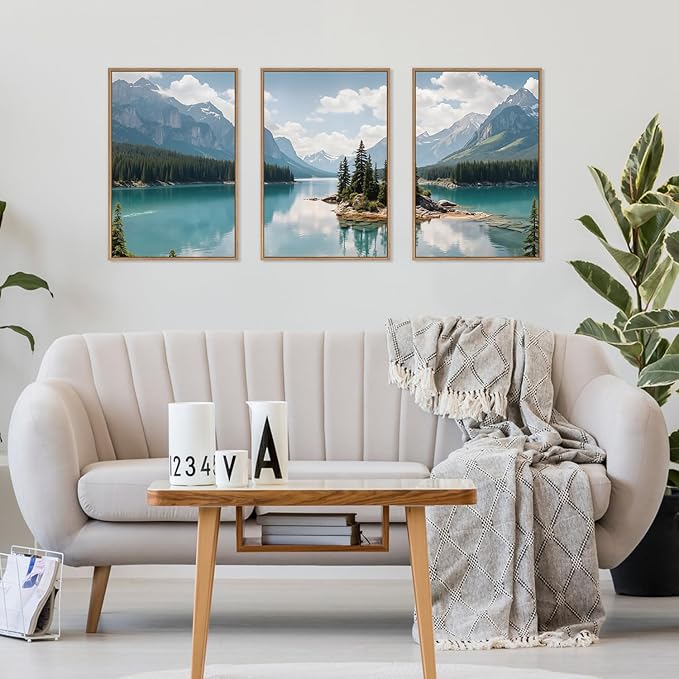 HLNIUC Large Mountain Lake Framed Canvas Wall Art Set,Beautiful Nature Landscape Wall Decor,Lake Forest and Mountain Scenery Art Print,Modern Scenic Wall Painting for Living Room,Bedroom - 16”x24”x3