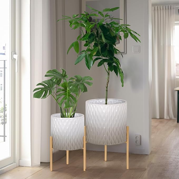 ARNIS Plants Pots with Stand, Set of 2 Indoor Planter Pots, Unique Mid Century Decorative Metal Flower Pots with Drainage,8.25 & 10.5 Inch, Grey and White
