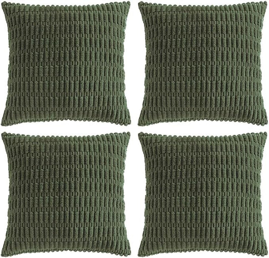 Fancy Homi 4 Packs Boho Olive Green Decorative Throw Pillow Covers 14x14 Inch for Couch Bed Sofa, Rustic Modern Farmhouse Home Decor, Soft Plush Corduroy Cute Square Cushion Case 35x35 cm