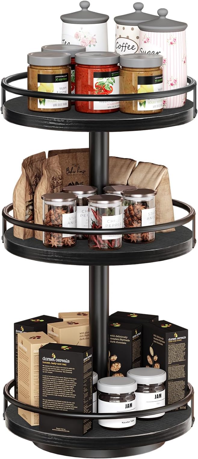 HOOBRO Lazy Susan Organizer, Rotating Spice Rack, 3-Tier Organizer, Turntable Spice Rack, Vertical Storage Organizer, for Kitchen Countertop, Vanity, Dining Table, Black BB09TL01