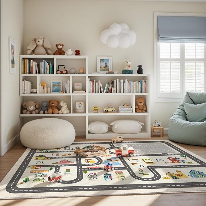 5x7ft Kids Town Road Play Rug - Non-Slip Faux Wool Carpet with Interactive City Map Design, Educational Toy Vehicle Mat for Kids, Bedroom Playroom Nursery Gift.