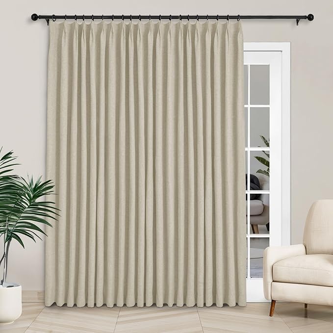 Macochico 100”Wx96”L Pinch Pleated 100% Blackout Linen Curtains Thermal Sliding Curtains for Bedroom Living Room Sliding Glass Door Farmhouse Shabby Chic Beige Drapery with Tieback 1 Panel