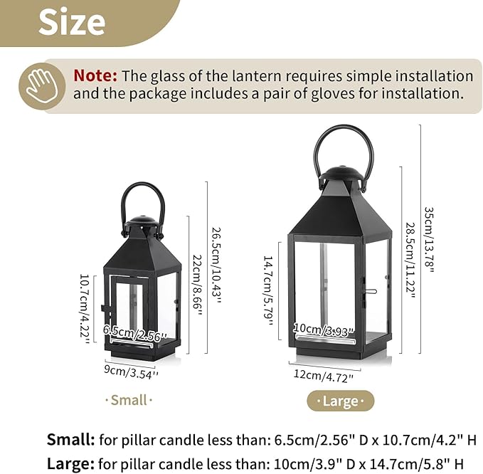 NUPTIO Black Decorative Candle Lantern: Metal Pillar Candle Holders for Table Centerpiece - 10.2in Tall Hanging Lanterns for Outdoor Wedding Party Home Living Room Fireplace Decor