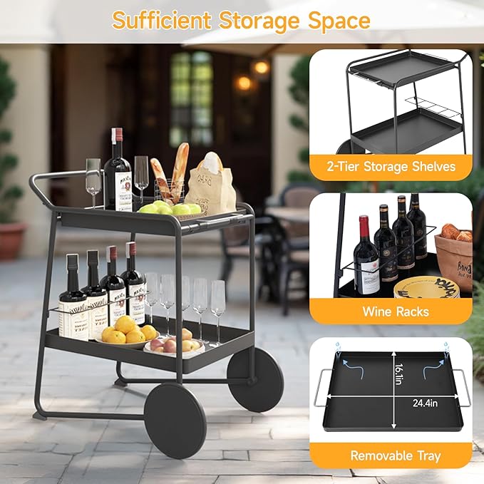Outdoor Grill Cart Table with Extra-Large Wheel, 24" x 16" Removable Tray & Ergonomic Handle, Indoor and Outdoor Pizza Oven Table for Garden Patio BBQ Kitchen Food Prep Cart for Party