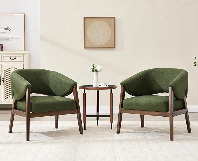 Mid-Century Modern Accent Chair, Comfy Barrel Armchair with Wide Seat, Upholstered Lounge Chair with Walnut Wood Legs for Living Room/Bedroom/Reading Corner, Linen Fabric, Deep Green, 1PC