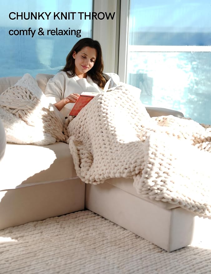 YnM Chunky Throw Blanket, Hand Knitted with Chenille Yarn, Skin Friendly, Ventilated and Breathable, Machine Washable, Home Décor Piece for Couch, Sofa and Bed (Butter Cream, 30x40 Inch)