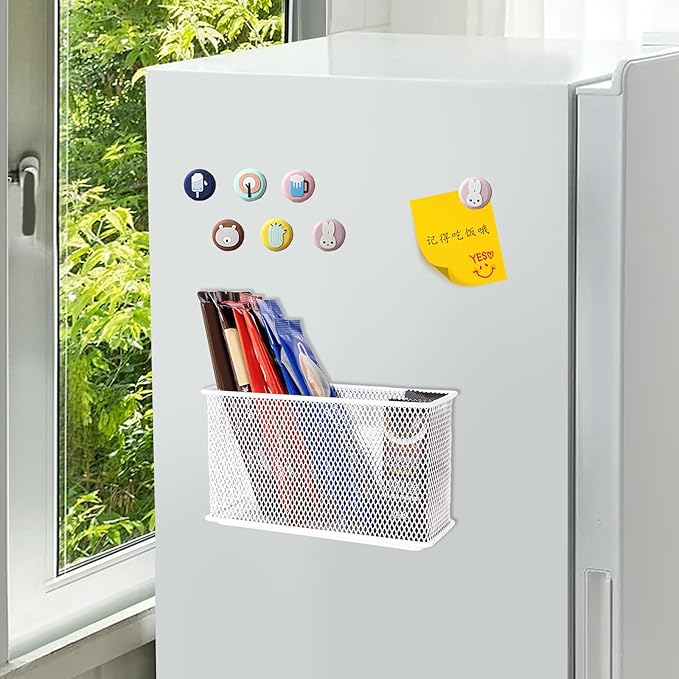 White Magnetic Basket, Magnetic Shelf Pencil Holder for Refrigerator, Wire Mesh Magnetic Bin, Magnetic Organizer Whiteboard Desktop Storage, 6.29"x2.28"x3.54"